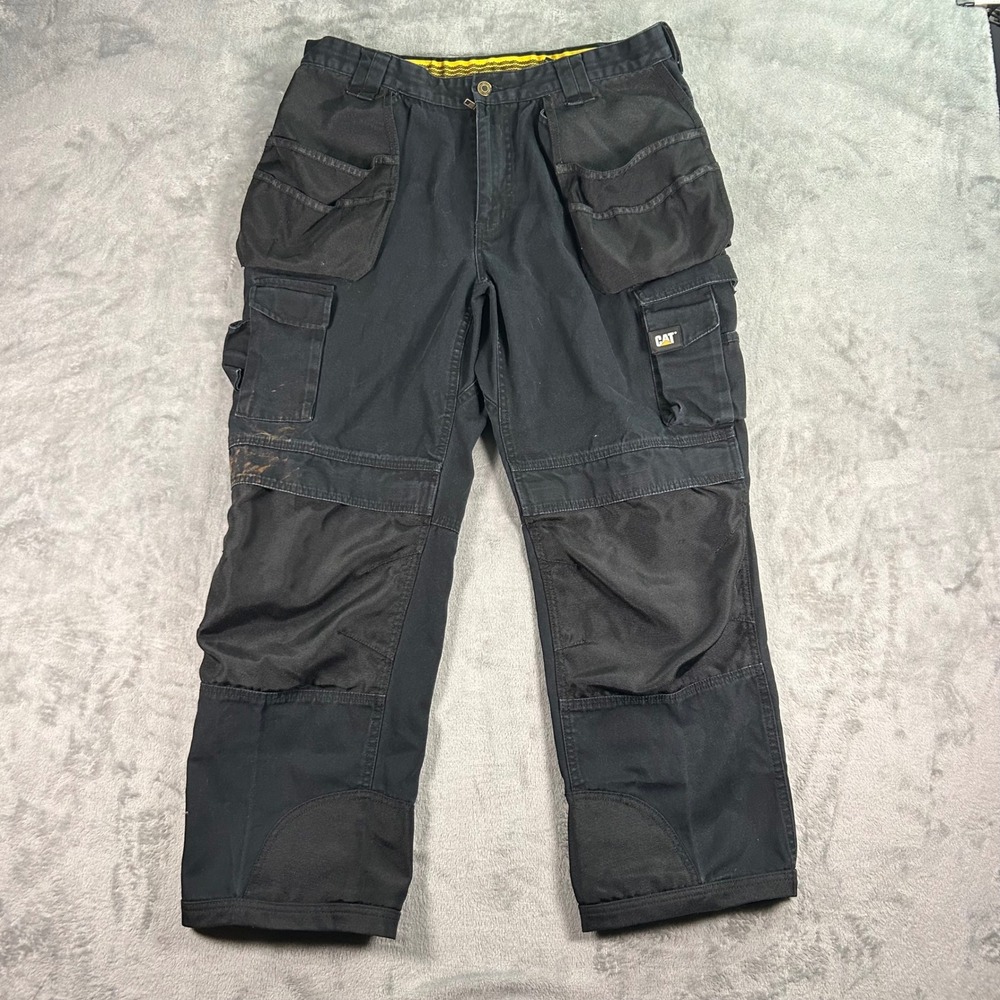 CAT Caterpillar Trademark Work Pants Black Cargo Tool Pockets Mens 36x30